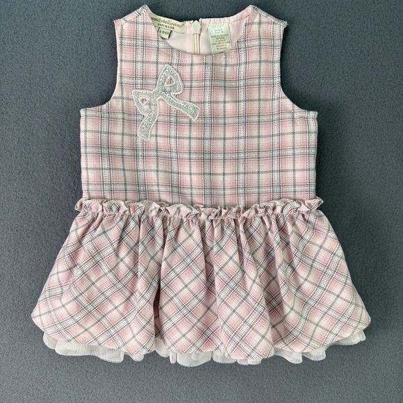 🌸3/$15🌸 WENDY BELLISSIMO Pink Grey Plaid Rhinestone Bow Ruffled Hem Dress 6-9m - Picture 6 of 11